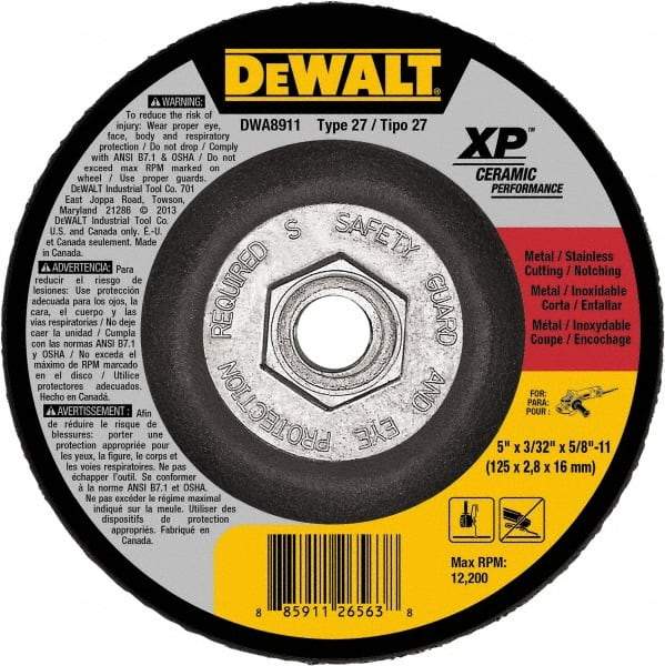 DeWALT - 24 Grit, 5" Wheel Diam, Type 27 Depressed Center Wheel - Coarse/Medium Grade, Ceramic, N Hardness, 12,200 Max RPM - Exact Tool & Supply