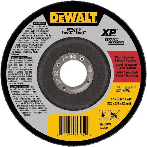 DeWALT - 24 Grit, 5" Wheel Diam, 7/8" Arbor Hole, Type 27 Depressed Center Wheel - Coarse/Medium Grade, Ceramic, N Hardness, 12,200 Max RPM - Exact Tool & Supply