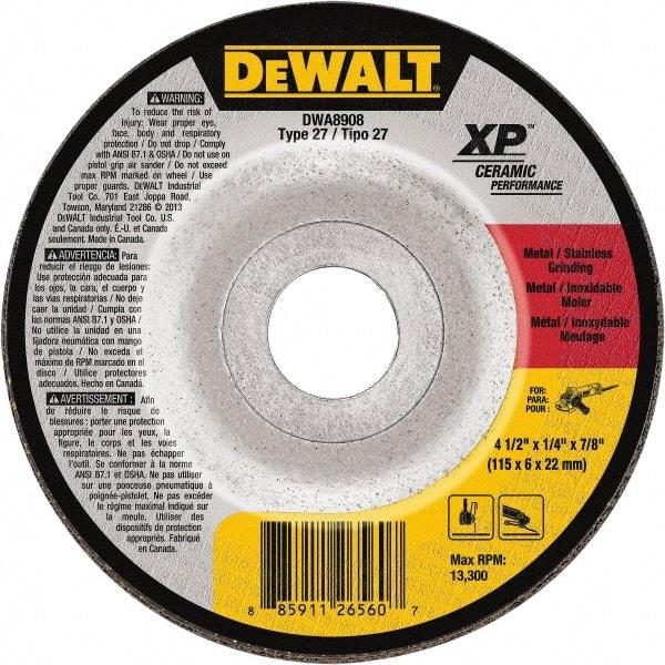 DeWALT - 24 Grit, 4-1/2" Wheel Diam, 7/8" Arbor Hole, Type 27 Depressed Center Wheel - Coarse/Medium Grade, Ceramic, N Hardness, 13,300 Max RPM - Exact Tool & Supply