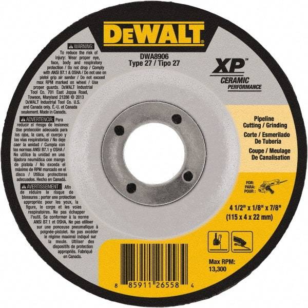 DeWALT - 24 Grit, 4-1/2" Wheel Diam, 7/8" Arbor Hole, Type 27 Depressed Center Wheel - Coarse/Medium Grade, Ceramic, N Hardness, 13,300 Max RPM - Exact Tool & Supply