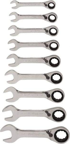 Blackhawk by Proto - 13 Piece, 6mm to 19mm, Stubby Ratcheting Combination Wrench Set - Metric Measurement Standard, Chrome Finish, Canvas Roll - Exact Tool & Supply