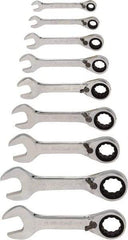Blackhawk by Proto - 9 Piece, 1/4" to 3/4", Stubby Ratcheting Reversible Combination Wrench Set - Inch Measurement Standard, Chrome Finish, Comes in Case - Exact Tool & Supply