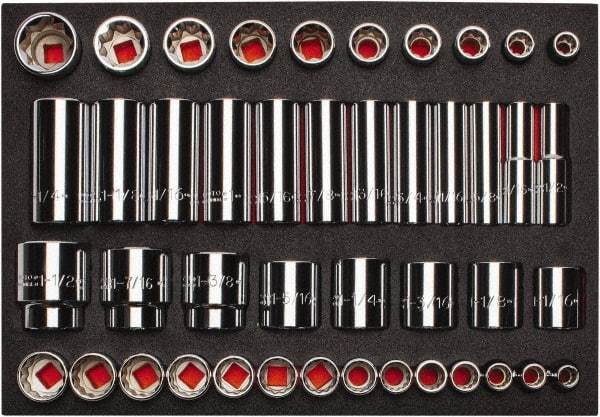 Proto - 65 Piece 1/2" Drive Chrome Finish Deep Well Socket Set - 8, 12 Points, 3/8" to 1-1/2" Range, Inch Measurement Standard - Exact Tool & Supply