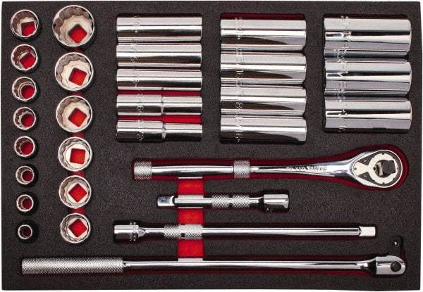 Proto - 30 Piece 1/2" Drive Chrome Finish Deep Well Socket Set - 12 Points, 3/8" to 1-1/4" Range, Inch Measurement Standard - Exact Tool & Supply