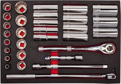 Proto - 30 Piece 1/2" Drive Chrome Finish Deep Well Socket Set - 12 Points, 3/8" to 1-1/4" Range, Inch Measurement Standard - Exact Tool & Supply