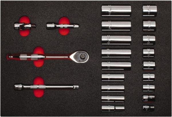 Proto - 22 Piece 3/8" Drive Chrome Finish Deep Well Socket Set - 12 Points, 3/8" to 7/8" Range, Inch Measurement Standard - Exact Tool & Supply