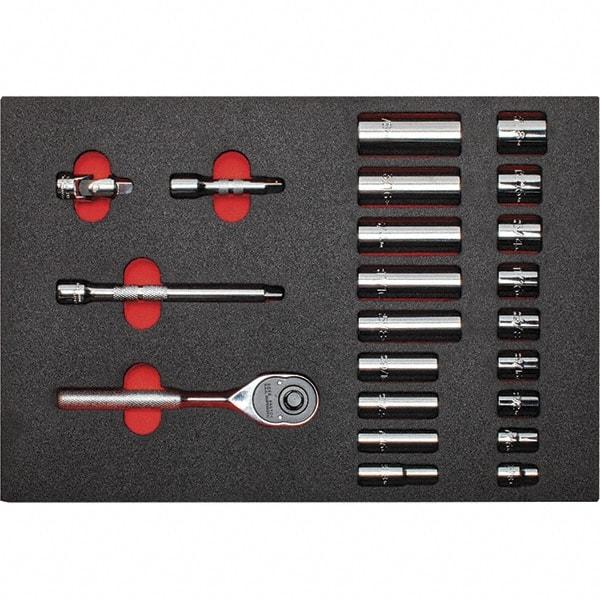 Proto - 22 Piece 3/8" Drive Chrome Finish Deep Well Socket Set - 12 Points, 3/8" to 7/8" Range, Inch Measurement Standard - Exact Tool & Supply