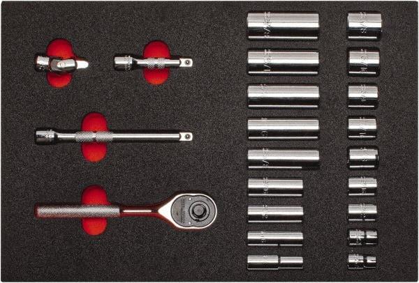 Proto - 22 Piece 3/8" Drive Chrome Finish Deep Well Socket Set - 6 Points, 3/8" to 7/8" Range, Inch Measurement Standard - Exact Tool & Supply