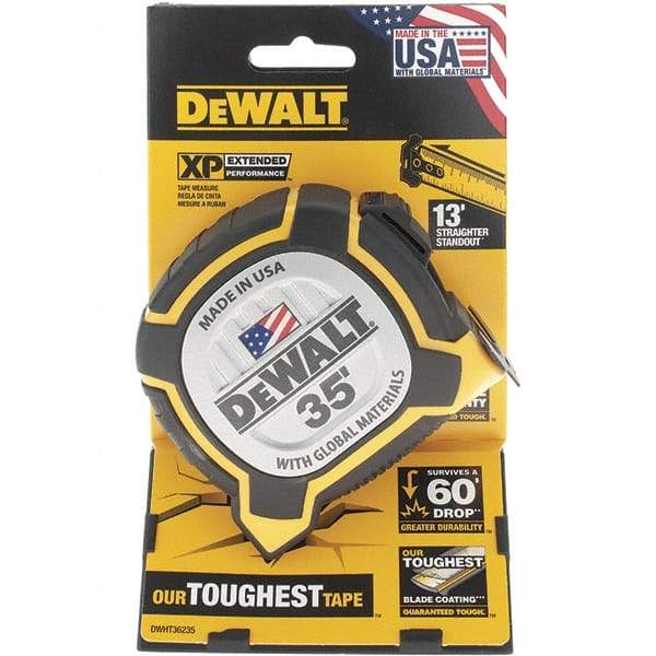 DeWALT - 35' x 1-1/4" Yellow Steel Blade Tape Measure - 1/16" Graduation, Yellow/Black ABS Plastic Case - Exact Tool & Supply
