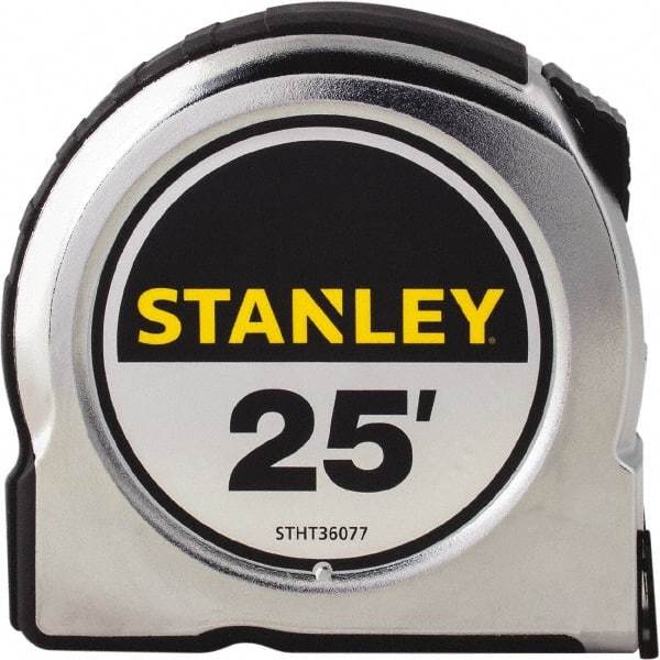 Stanley - 25' x 1" Yellow Steel Blade Tape Measure - 1/16" Graduation, Chrome ABS Plastic Case - Exact Tool & Supply