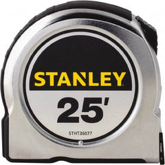 Stanley - 25' x 1" Yellow Steel Blade Tape Measure - 1/16" Graduation, Chrome ABS Plastic Case - Exact Tool & Supply