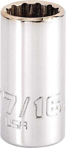 Proto - 7/16", 1/4" Drive, Standard Hand Socket - 12 Points, 1-15/64" OAL, Steel, Chrome Finish - Exact Tool & Supply