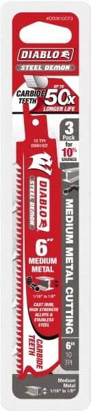 Freud - 6" Long x 1" Thick, Carbide Reciprocating Saw Blade - Straight Profile, 10 TPI, Toothed Edge, Tang Shank - Exact Tool & Supply