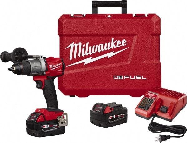 Milwaukee Tool - 18 Volt 1/2" Single-Sleeve Ratcheting Chuck Cordless Hammer Drill - 0 to 32,000 BPM, 0 to 550 & 0 to 2,000 RPM, Reversible - Exact Tool & Supply