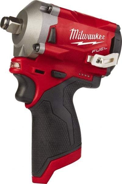 Milwaukee Tool - 1/2" Drive 12 Volt Pistol Grip Cordless Impact Wrench & Ratchet - 2,700 RPM, 0 to 3,200 BPM, 250 Ft/Lb Torque, Lithium-Ion Batteries - Exact Tool & Supply