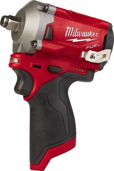Milwaukee Tool - 1/2" Drive 12 Volt Pistol Grip Cordless Impact Wrench & Ratchet - 2,700 RPM, 0 to 3,200 BPM, 250 Ft/Lb Torque, Lithium-Ion Batteries - Exact Tool & Supply