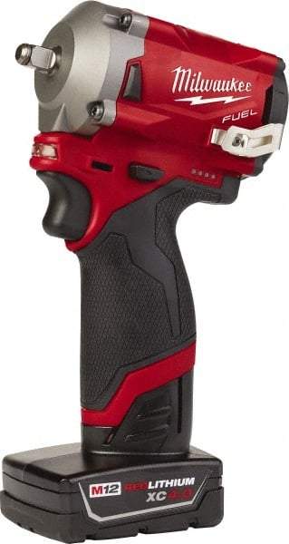 Milwaukee Tool - 3/8" Drive 12 Volt Pistol Grip Cordless Impact Wrench & Ratchet - 2,700 RPM, 0 to 3,200 BPM, 250 Ft/Lb Torque, 2 Lithium-Ion Batteries Included - Exact Tool & Supply