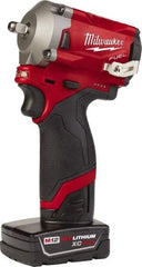 Milwaukee Tool - 3/8" Drive 12 Volt Pistol Grip Cordless Impact Wrench & Ratchet - 2,700 RPM, 0 to 3,200 BPM, 250 Ft/Lb Torque, 2 Lithium-Ion Batteries Included - Exact Tool & Supply