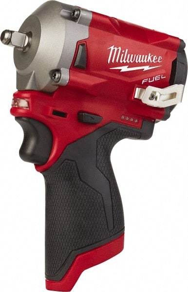 Milwaukee Tool - 1/4" Drive 12 Volt Pistol Grip Cordless Impact Wrench & Ratchet - 3,200 RPM, 0 to 4,300 BPM, 100 Ft/Lb Torque, Lithium-Ion Batteries - Exact Tool & Supply