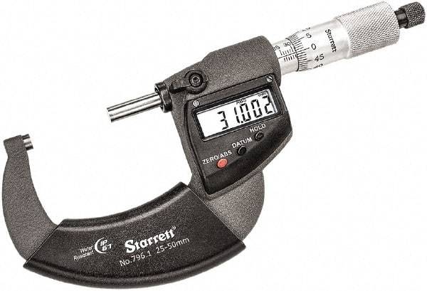 Starrett - 25 to 50mm Range, 0.001mm Graduation, Mechanical Outside Micrometer - Ratchet Thimble, 30mm Throat Depth, Accurate to 0.001mm - Exact Tool & Supply