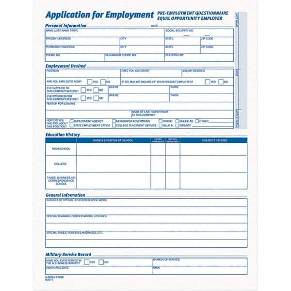 TOPS - 25 Sheet, 17 x 11", Employment Application Form - Purple & White - Exact Tool & Supply