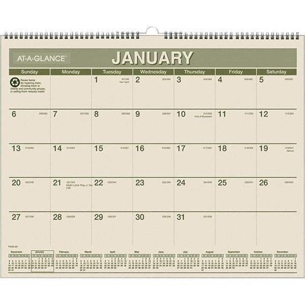 AT-A-GLANCE - 12 Sheet, 15 x 12", Wall Calendar - Green & White - Exact Tool & Supply