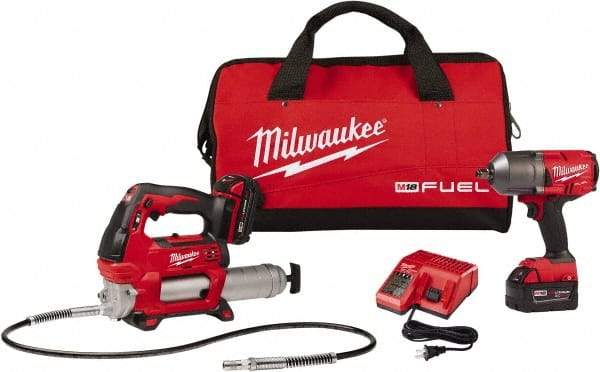 Milwaukee Tool - 1/2" Drive 18 Volt Pistol Grip Cordless Impact Wrench & Ratchet - 550/1,400/1,750 RPM, 0 to 2,100 BPM, 1,400 Ft/Lb Torque, 2 Lithium-Ion Batteries Included - Exact Tool & Supply