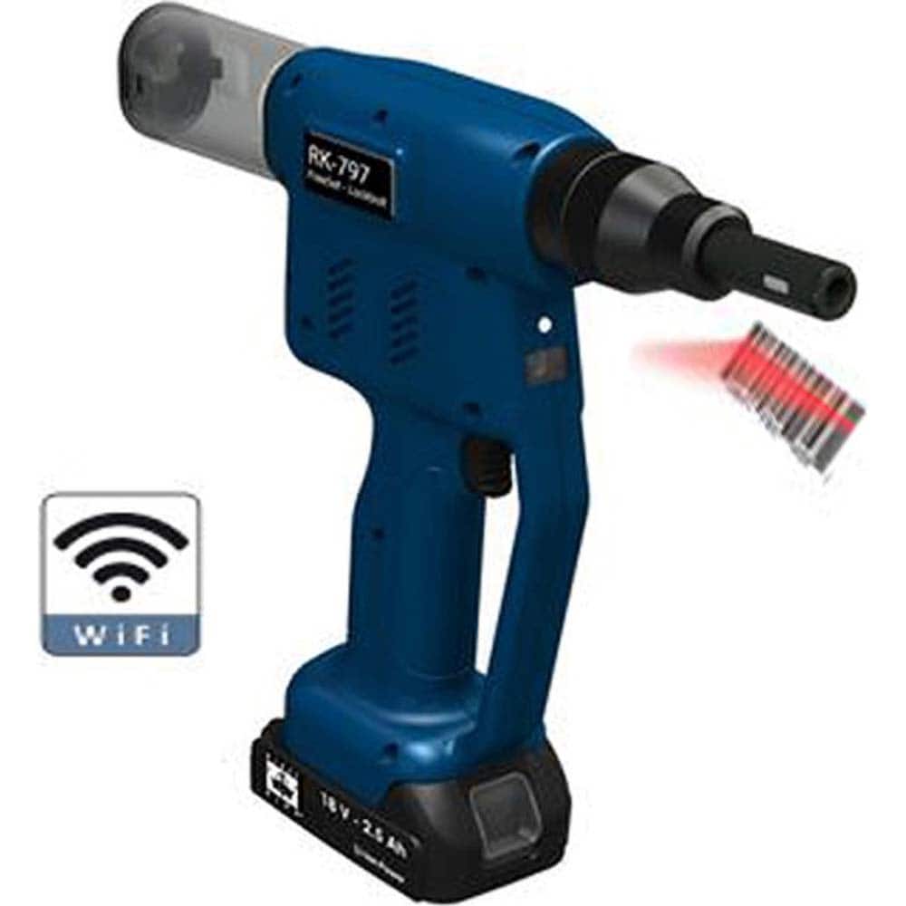 RivetKing - Cordless Riveters; Fastener Type: Cordless Electric Riveter ; Closed End Rivet Capacity: All up to 1/4 ; Mandrel Collection: Yes ; Voltage: 18 ; Stroke Length (Decimal Inch): 1.0000 ; Pull Force (Lb.): 4000 - Exact Tool & Supply