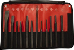 Mayhew - 12 Piece Cold Chisel, Prick, Center, Solid & Pin Punch Set - 5/16 to 3/4" Chisel, 5/32 to 3/8" Punch, Hex Shank - Exact Tool & Supply