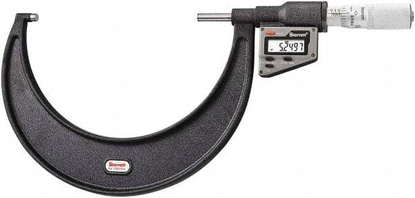 Starrett - 127 to 152 mm Range, 0.0001" Resolution, Standard Throat, Electronic Outside Micrometer - 0.0002" Accuracy, Friction Thimble, Micro Lapped Carbide Face, CR2450 Battery, Includes 3V Battery - Exact Tool & Supply