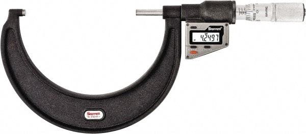 Starrett - 101 to 127 mm Range, 0.0001" Resolution, Standard Throat, Electronic Outside Micrometer - 0.0002" Accuracy, Friction Thimble, Micro Lapped Carbide Face, CR2450 Battery, Includes 3V Battery - Exact Tool & Supply
