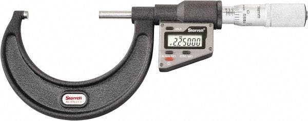 Starrett - 50.8 to 76 mm Range, 0.0001" Resolution, Standard Throat, Electronic Outside Micrometer - 0.0001" Accuracy, Friction Thimble, Micro Lapped Carbide Face, CR2450 Battery, Includes 3V Battery - Exact Tool & Supply