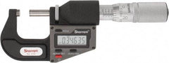 Starrett - 0 to 25 mm Range, 0.0001" Resolution, Standard Throat, Electronic Outside Micrometer - 0.0001" Accuracy, Friction Thimble, Micro Lapped Carbide Face, CR2450 Battery, Includes 3V Battery - Exact Tool & Supply