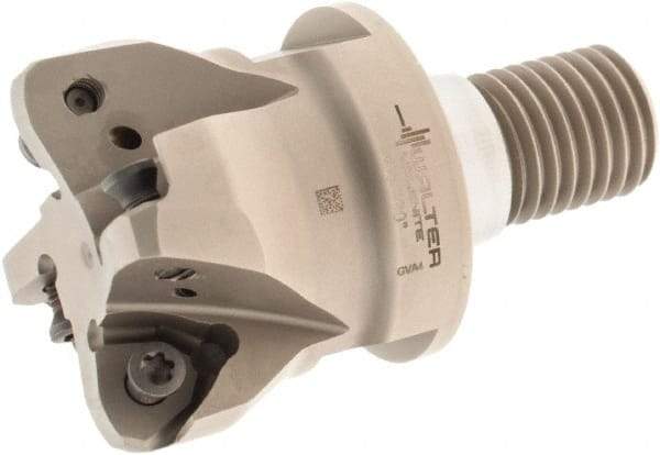 Walter - 21° Lead Angle, 2" Max Cut Diam, 1.291" Min Cut Diam, 0.079" Max Depth of Cut, Indexable Chamfer & Angle End Mill - 4 Inserts, P23696 Insert Style, 80mm OAL, Through Coolant, Threaded Shank - Exact Tool & Supply