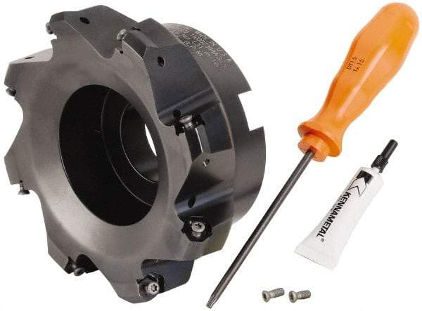 Kennametal - 5" Cut Diam, 1-1/2" Arbor Hole, 3.23mm Max Depth of Cut, 45° Indexable Chamfer & Angle Face Mill - 8 Inserts, HNGJ 0604... Insert, Right Hand Cut, 8 Flutes, Through Coolant, Series Dodeka Mini - Exact Tool & Supply