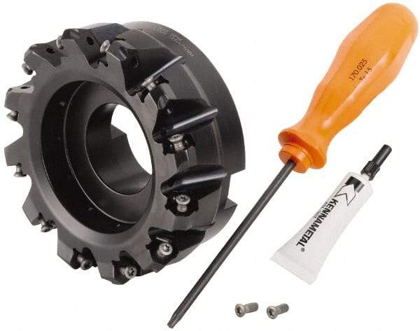 Kennametal - 4" Cut Diam, 1-1/2" Arbor Hole, 3.23mm Max Depth of Cut, 45° Indexable Chamfer & Angle Face Mill - 12 Inserts, HNGJ 0604... Insert, Right Hand Cut, 12 Flutes, Through Coolant, Series Dodeka Mini - Exact Tool & Supply
