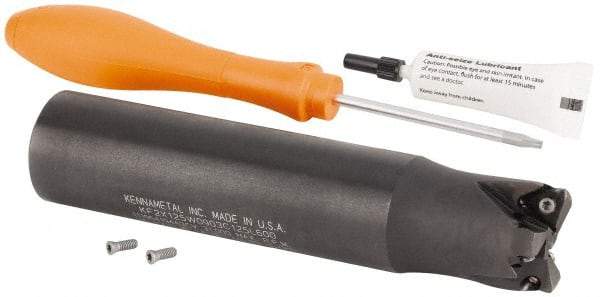 Kennametal - 32mm Cut Diam, 0.059" Max Depth, 32mm Shank Diam, Cylindrical Shank Indexable High-Feed Helical End Mill - Screw Holding Method, WOEJ090512.. Insert, KF2X Toolholder, Through Coolant - Exact Tool & Supply