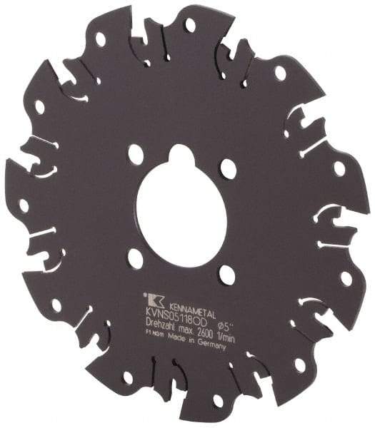 Kennametal - Arbor Hole Connection, 1/8" Cutting Width, 1-3/8" Depth of Cut, 5" Cutter Diam, 1-1/4" Hole Diam, 11 Tooth Indexable Slotting Cutter - KVNS Toolholder, OD 3118.. Insert - Exact Tool & Supply