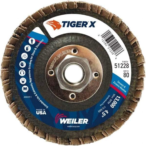 Weiler - 181 Grit, 4-1/2" Disc Diam, 5/8-11 Center Hole, Type 27 Zirconia Alumina Flap Disc - 13,000 Max RPM, Phenolic Backing, Arbor Attaching System, Coated - Exact Tool & Supply