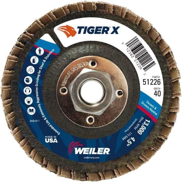 Weiler - 426 Grit, 4-1/2" Disc Diam, 5/8-11 Center Hole, Type 27 Zirconia Alumina Flap Disc - 13,000 Max RPM, Phenolic Backing, Arbor Attaching System, Coated - Exact Tool & Supply
