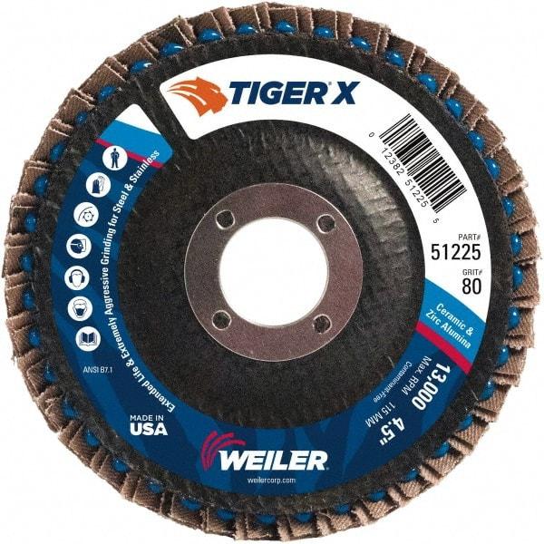 Weiler - 181 Grit, 4-1/2" Disc Diam, 7/8" Center Hole, Type 27 Zirconia Alumina Flap Disc - 13,000 Max RPM, Phenolic Backing, Arbor Attaching System, Coated - Exact Tool & Supply