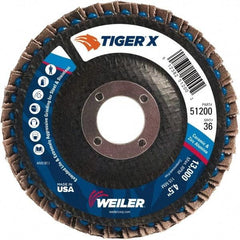 Weiler - 501 Grit, 4-1/2" Disc Diam, 7/8" Center Hole, Type 29 Zirconia Alumina Flap Disc - 13,000 Max RPM, Phenolic Backing, Arbor Attaching System, Coated - Exact Tool & Supply