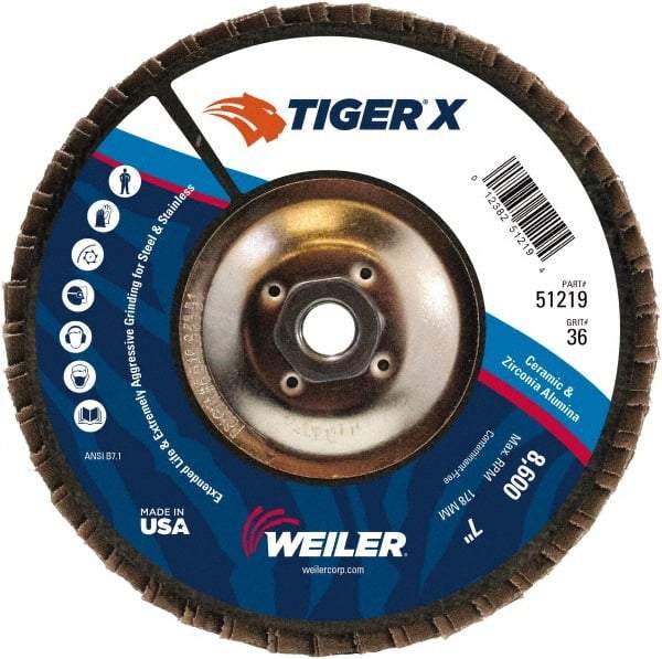 Weiler - 501 Grit, 7" Disc Diam, 5/8-11 Center Hole, Type 29 Zirconia Alumina Flap Disc - 8,600 Max RPM, Phenolic Backing, Arbor Attaching System, Coated - Exact Tool & Supply