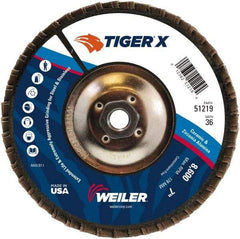 Weiler - 501 Grit, 7" Disc Diam, 5/8-11 Center Hole, Type 29 Zirconia Alumina Flap Disc - 8,600 Max RPM, Phenolic Backing, Arbor Attaching System, Coated - Exact Tool & Supply