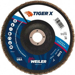 Weiler - 501 Grit, 7" Disc Diam, 7/8" Center Hole, Type 29 Zirconia Alumina Flap Disc - 8,600 Max RPM, Phenolic Backing, Arbor Attaching System, Coated - Exact Tool & Supply