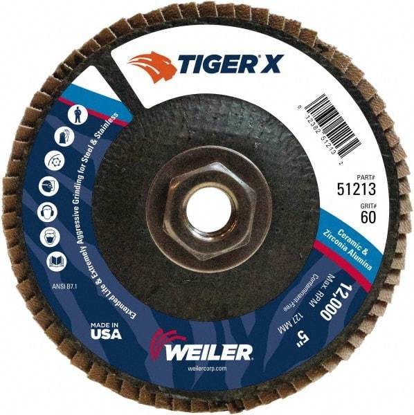 Weiler - 251 Grit, 5" Disc Diam, 5/8-11 Center Hole, Type 29 Zirconia Alumina Flap Disc - 12,000 Max RPM, Phenolic Backing, Arbor Attaching System, Coated - Exact Tool & Supply