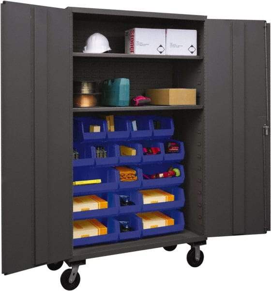 Durham - 2 Shelf 18 Bin Mobile Storage Cabinet - Steel, 48" Wide x 24" Deep x 80" High, Blue - Exact Tool & Supply