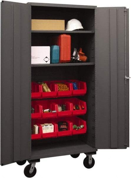 Durham - 2 Shelf 12 Bin Mobile Storage Cabinet - Steel, 36" Wide x 24" Deep x 80" High, Red - Exact Tool & Supply