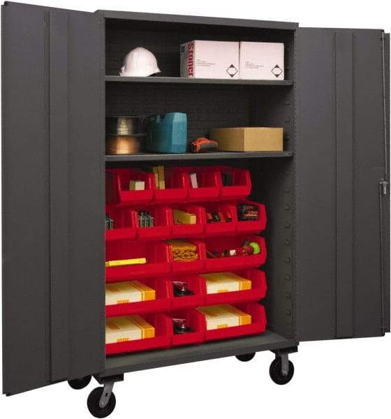 Durham - 2 Shelf 18 Bin Mobile Storage Cabinet - Steel, 48" Wide x 24" Deep x 80" High, Red - Exact Tool & Supply