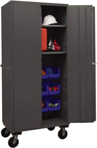Durham - 2 Shelf 12 Bin Mobile Storage Cabinet - Steel, 36" Wide x 24" Deep x 80" High, Blue - Exact Tool & Supply